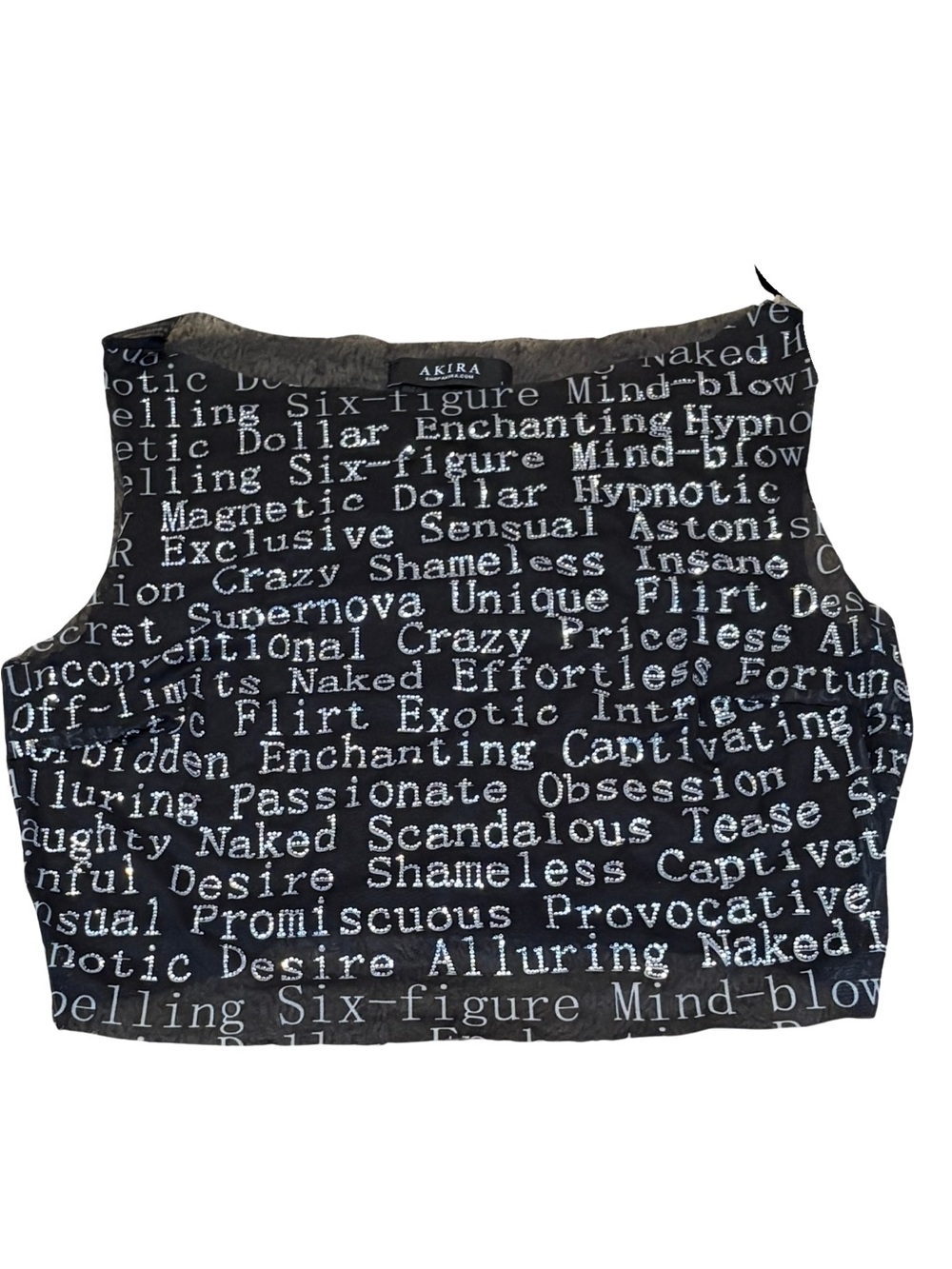 AKIRA Black Y2K Graphic Text Crop Tank Mesh Festival Club Top Large